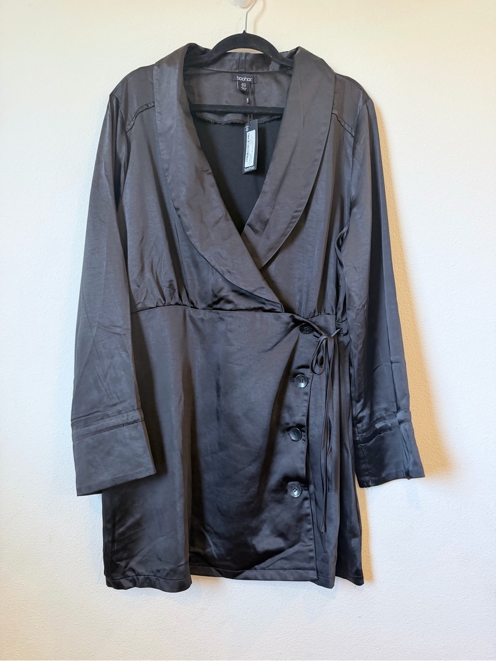 Boohoo Charcoal Satin Wrap Robe Dress with Side Tie